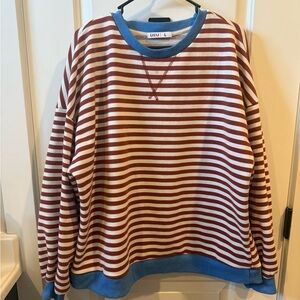 UE Striped Crewneck Sweater in Rust, White & Blue Trim